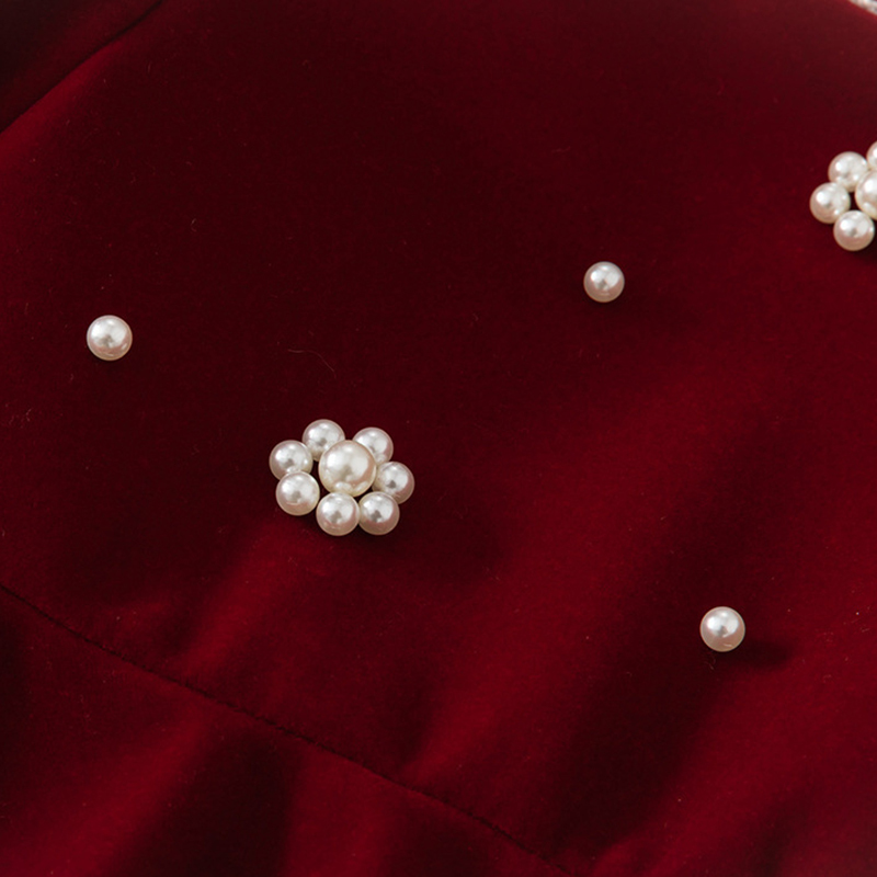 Velvet Imitation Pearls Short Sleeve Midi Dresses - image 10