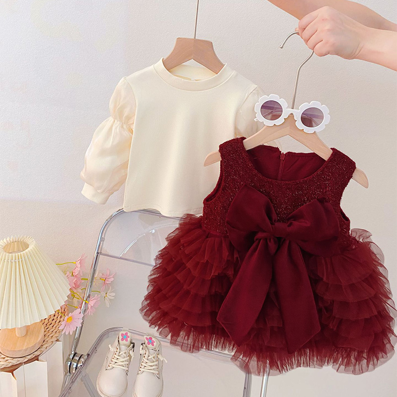 Mesh Bow Fleece Long Sleeve Mid-long Dresses - image 3