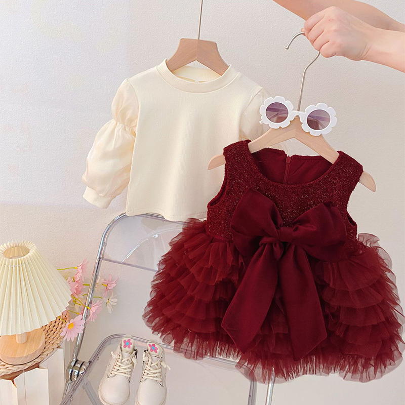 Mesh Bow Fleece Long Sleeve Mid-long Dresses - image 3