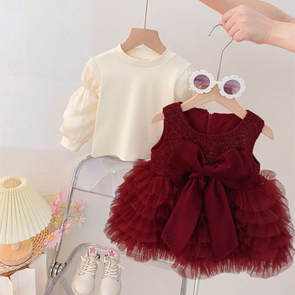 Mesh Bow Fleece Long Sleeve Mid-long Dresses - image 3