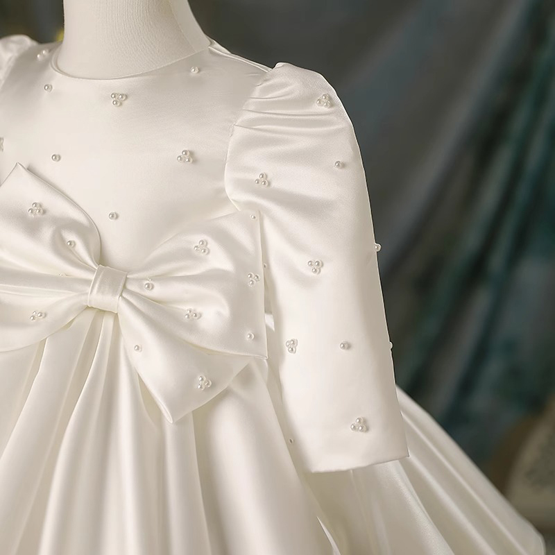 [Archive Sale] Satin Bow Imitation Pearls Long Sleeve Midi Dresses - image 4