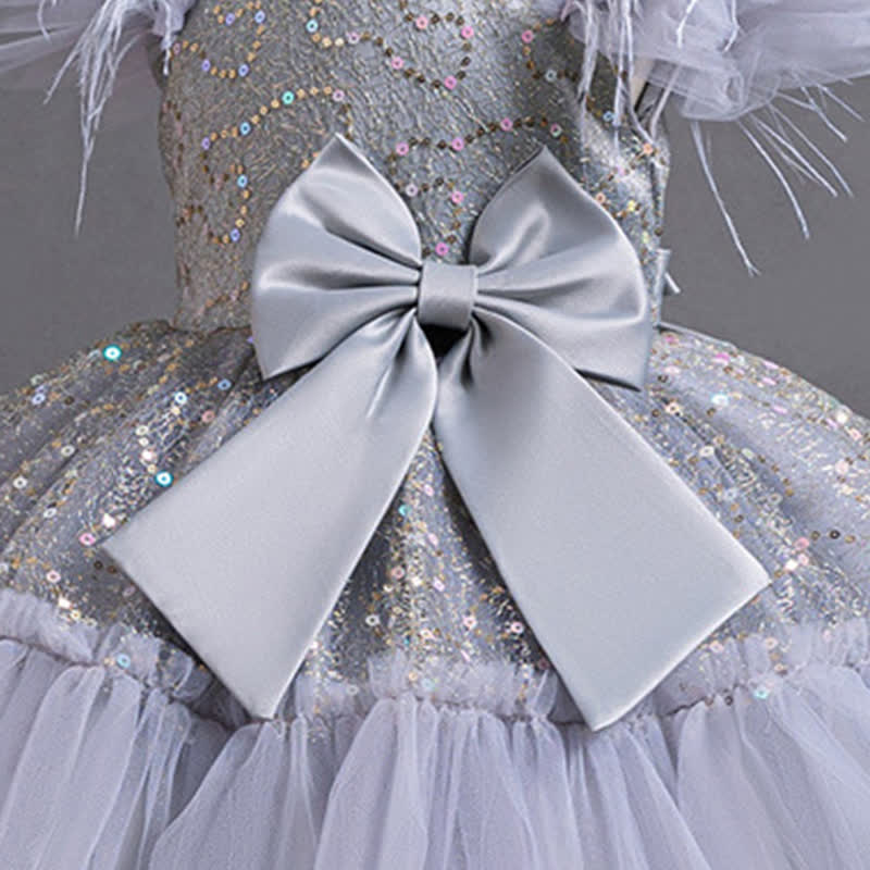 Mesh Feather-trimmed Bow Cap Sleeve Mid-long Dresses - image 4