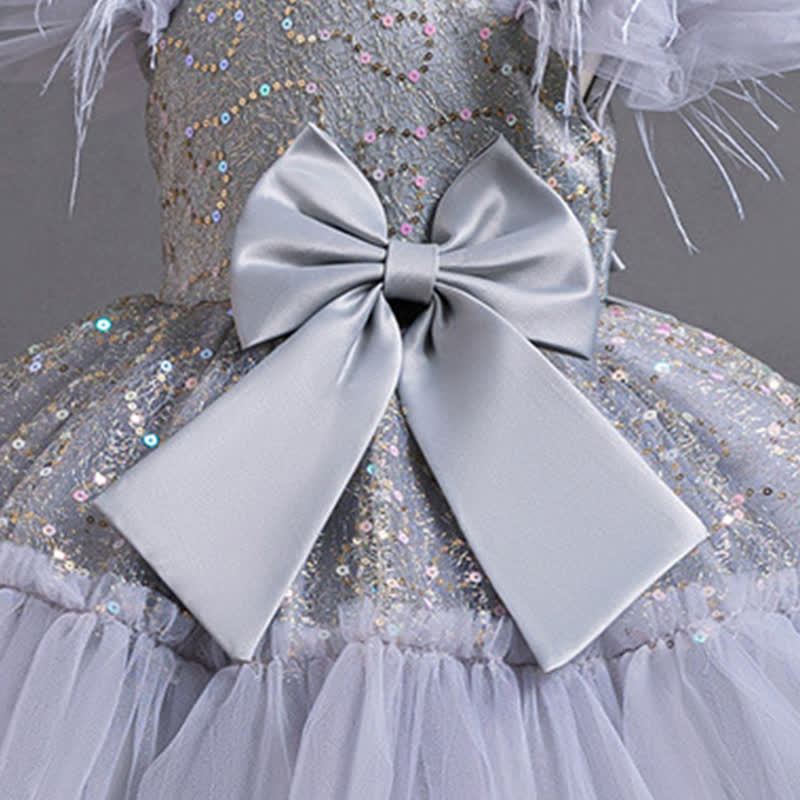 Mesh Feather-trimmed Bow Cap Sleeve Mid-long Dresses - image 4