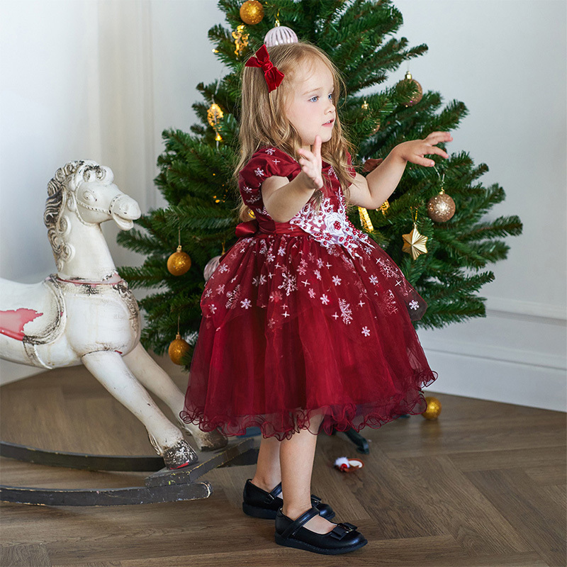 Mesh Christmas Folds Rosette Short Sleeve Mid-long Dresses - image 22