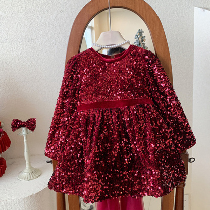 [Archive Sale] Cotton-blend Bow Fleece Sequins Long Sleeve Mid-long Dresses - image 7