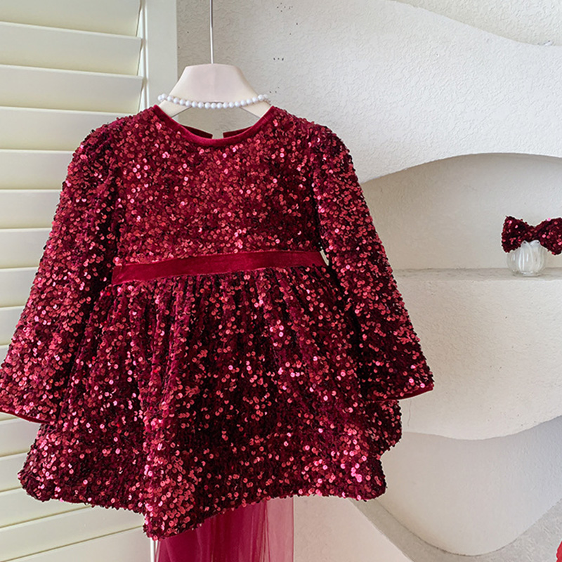 [Archive Sale] Cotton-blend Bow Fleece Sequins Long Sleeve Mid-long Dresses - image 4