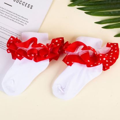 Polka Dots Stitching Lace Socks - Red - XL - image 7