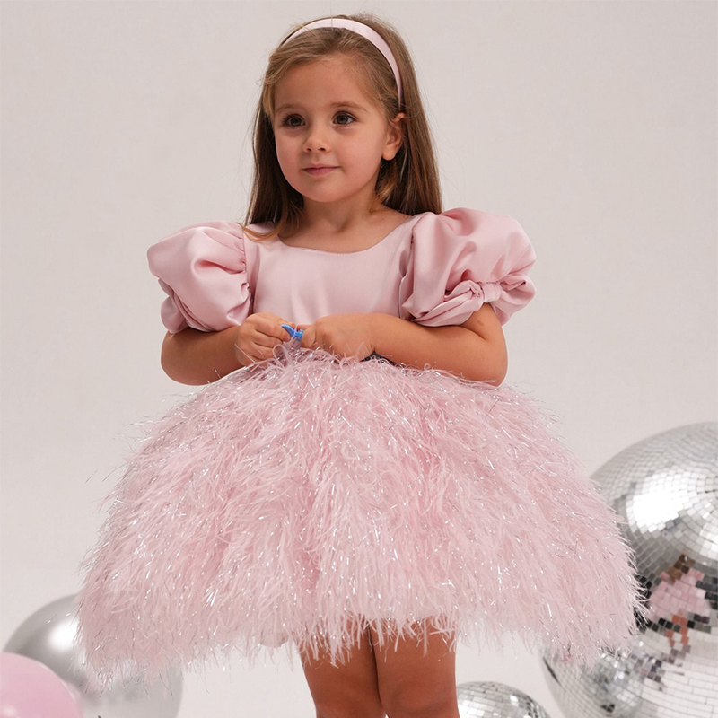 Satin Feather-trimmed Short Sleeve Midi Dresses - image 5