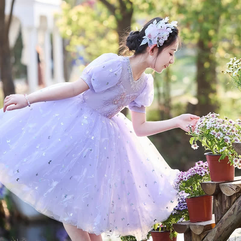 Chemical Fiber Blend Rosette Sequins Short Sleeve Mid-long Dresses - image 5