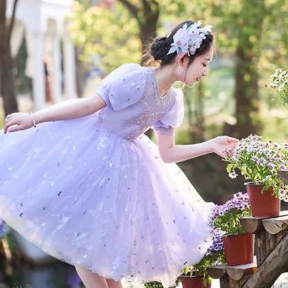 Chemical Fiber Blend Rosette Sequins Short Sleeve Mid-long Dresses - image 5