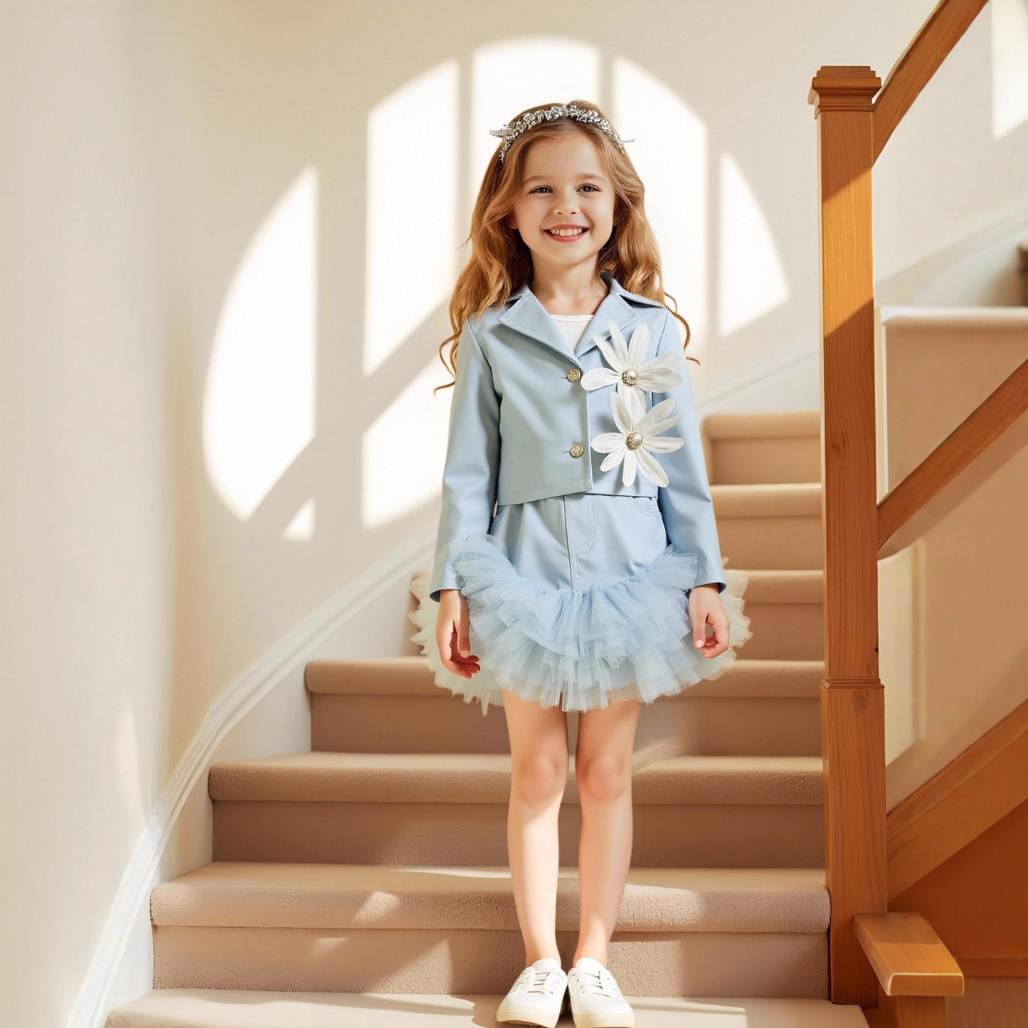 Cotton-blend Split Joint Rosette Long Sleeve Midi Two-piece Set - Blue - 7Y - image 3