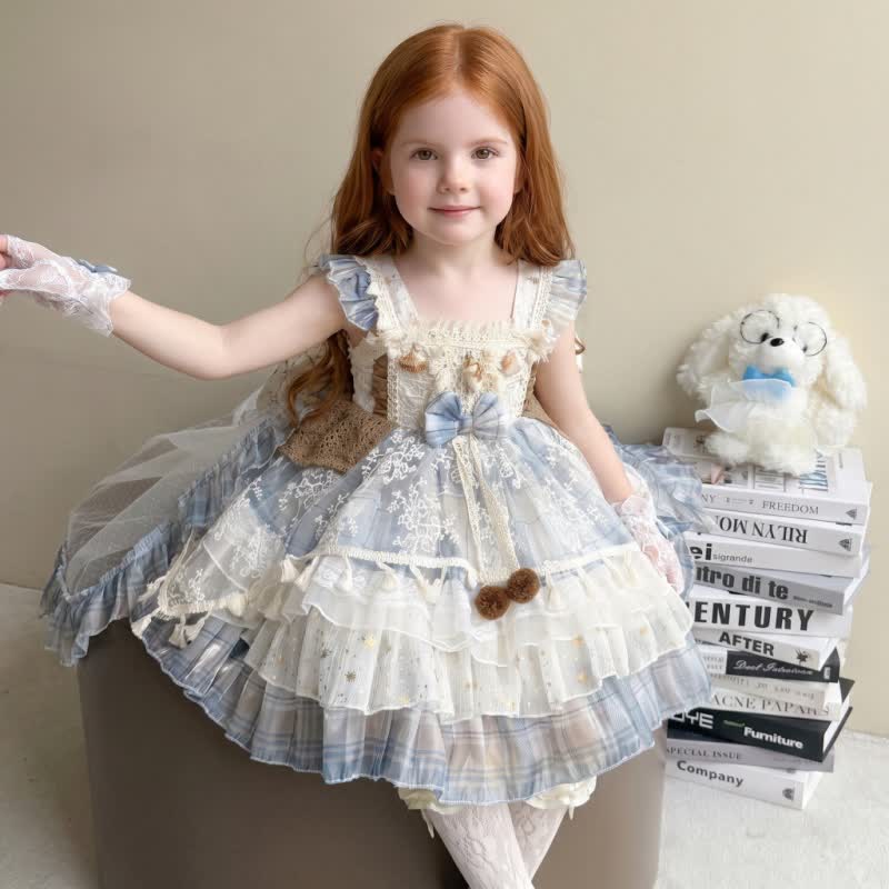 Chemical Fiber Blend Fuzzy Ball  Lace Edge  Bow  Embroidery Sleeveless Short Dresses - image 3