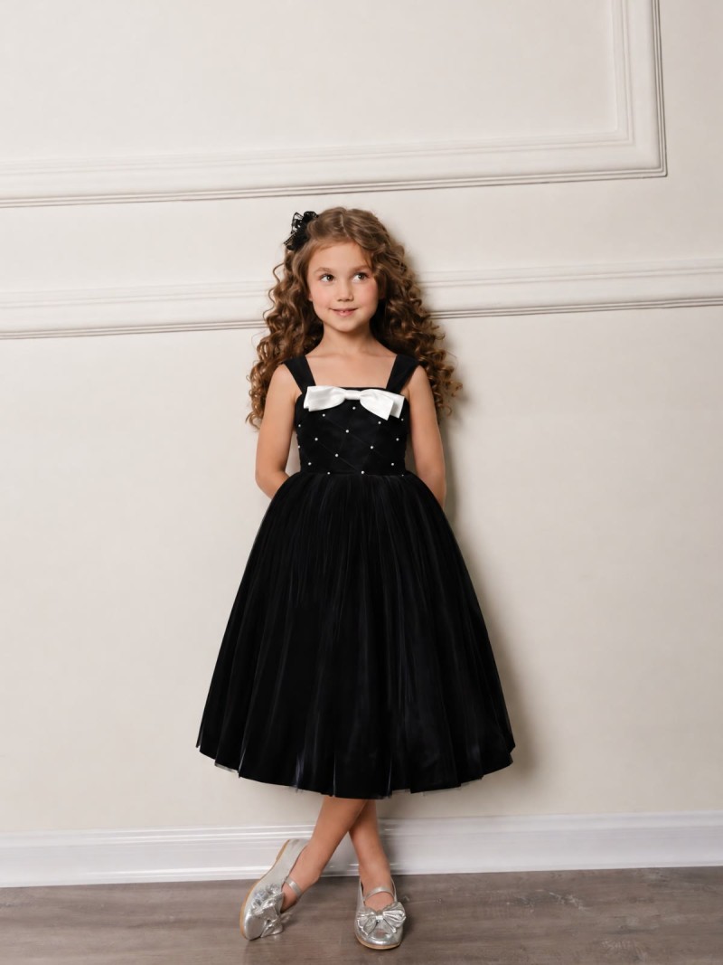 Velvet Bow Sleeveless Midi Dresses - Black - 150cm - image 5