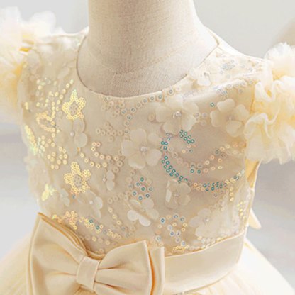 Mesh Rosette Folds Sequins Short Sleeve Mid-long Dresses - image 3