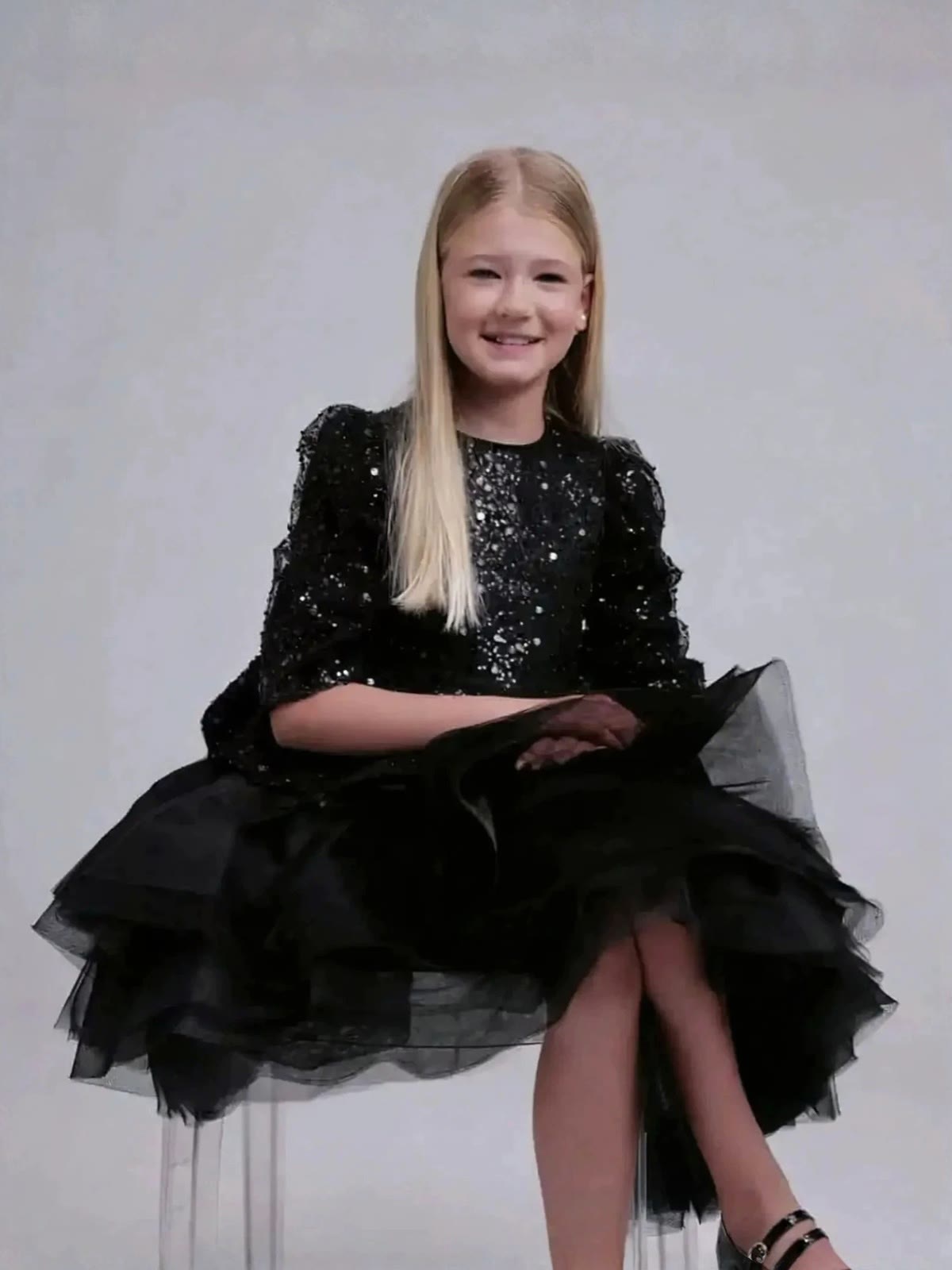 Mesh Sequins Half Sleeve Midi Dresses - Black - 13-14Y - image 6