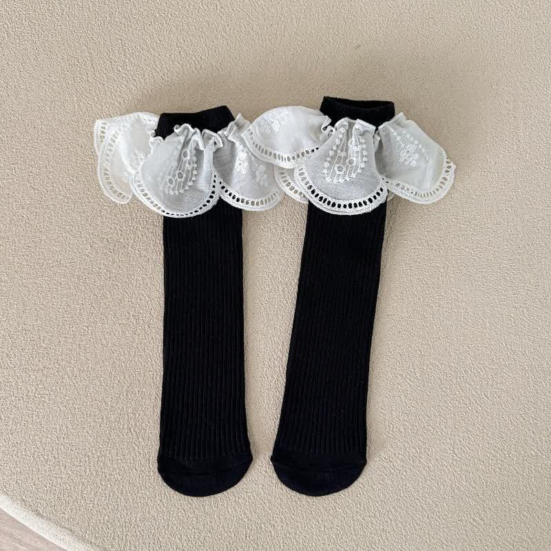Solid Stitching Lace Socks - Black - One Size (Fits 7-16Y) - image 7