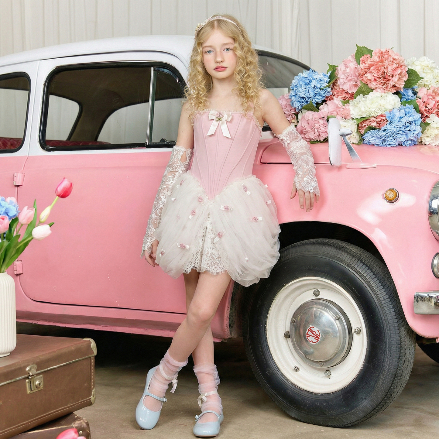 Satin & Mesh Rosette Sleeveless Short Dresses - image 4