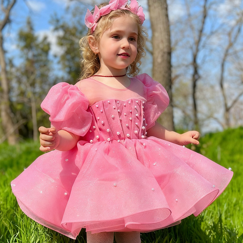 Chemical Fiber Blend Bow Imitation Pearls Short Sleeve Mid-long Dresses - Pink - 5-6Y - image 2