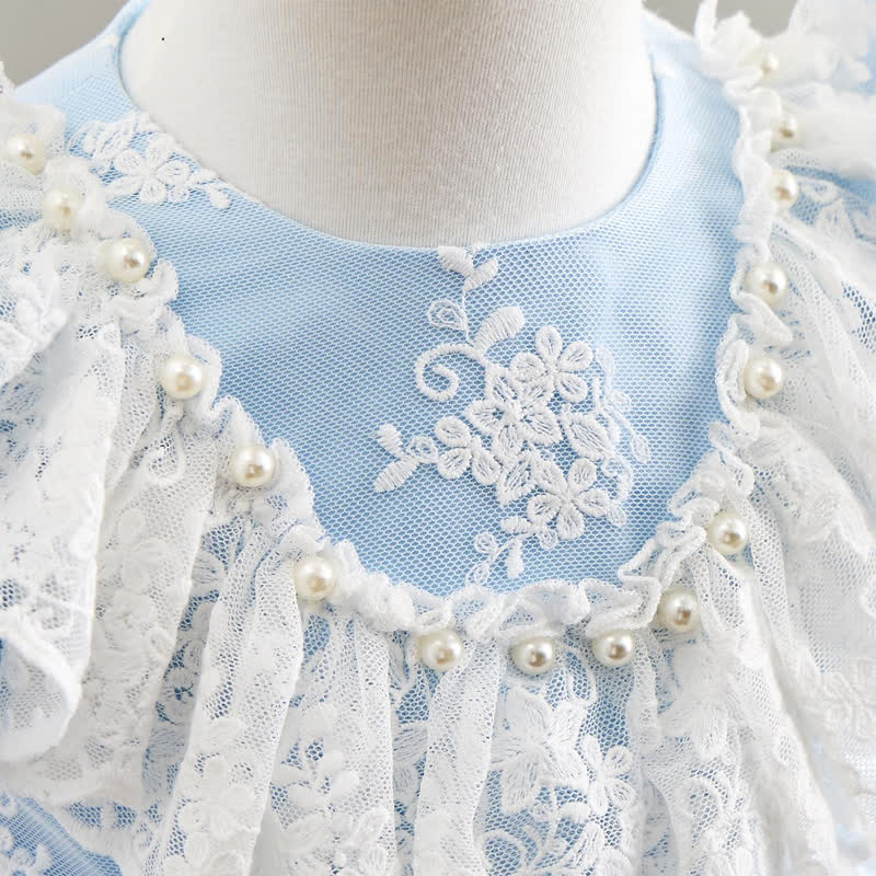 Satin & Mesh Pearl Lace Edge Short Sleeve Midi Dresses - image 15