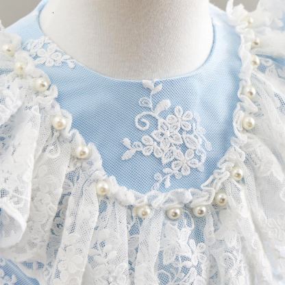 Satin & Mesh Pearl Lace Edge Short Sleeve Midi Dresses - image 15