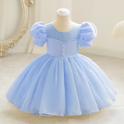 Organza Rainbow Pearls Short Sleeve Long Dresses - Blue - 7-8Y - image 12