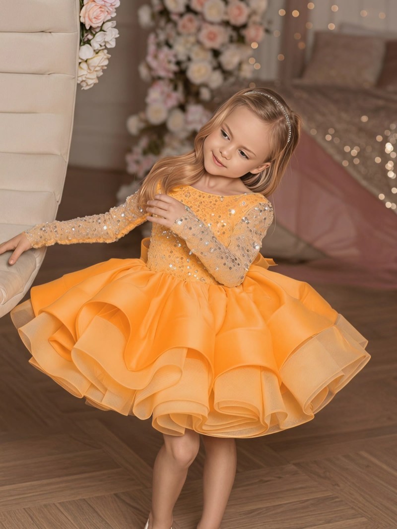 Glitter Bow Long Sleeve Midi Dresses - Orange - 12-13Y - image 4