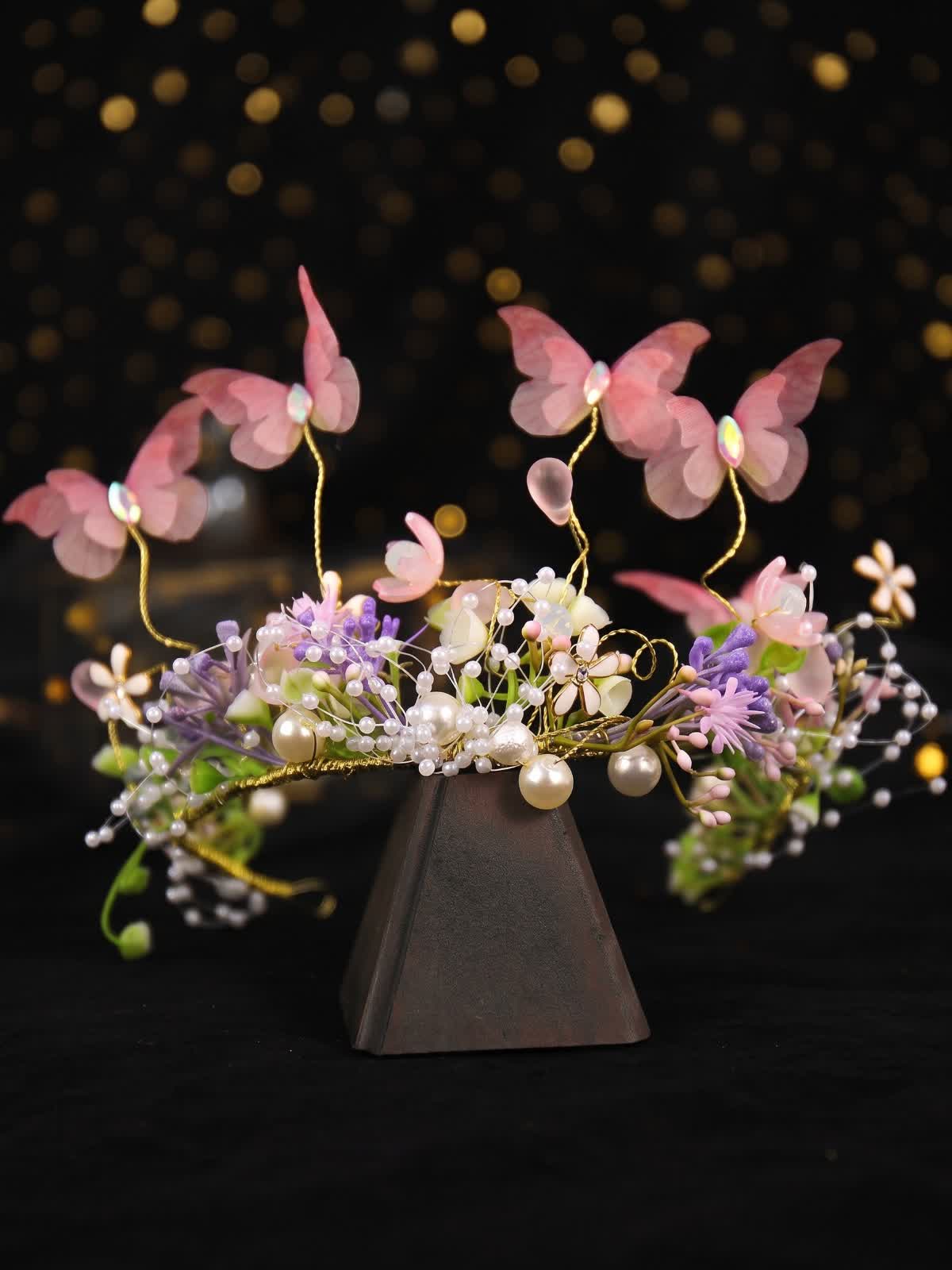 Easter Solid Rosette Hairband - Pink Butterfly Pearl Garland - image 6
