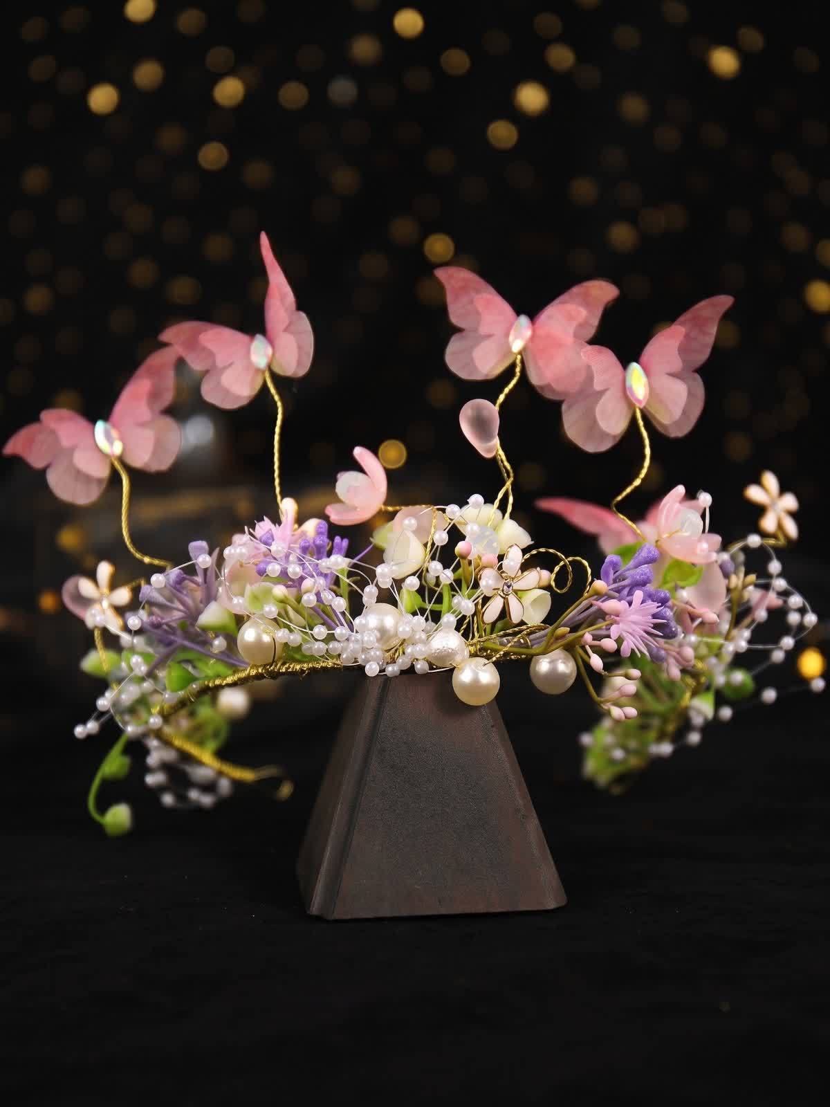 Easter Solid Rosette Hairband - Pink Butterfly Pearl Garland - image 6