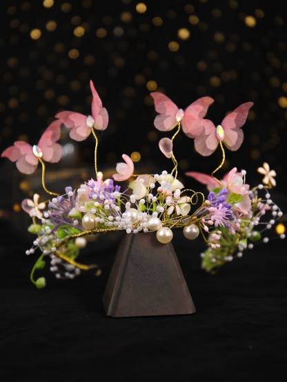 Easter Solid Rosette Hairband - Pink Butterfly Pearl Garland - image 6