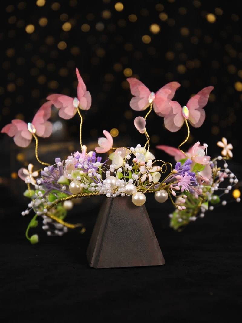 Easter Solid Rosette Hairband - Pink Butterfly Pearl Garland - image 6