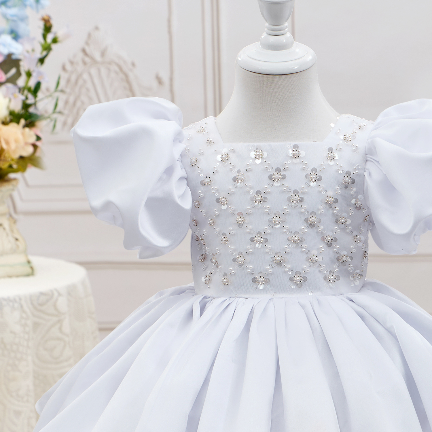 Satin Beaded Short Sleeve Mid-long Dresses - image 4