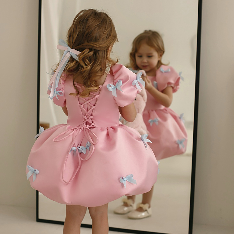Satin Bow Short Sleeve Mid-long Dresses - image 4