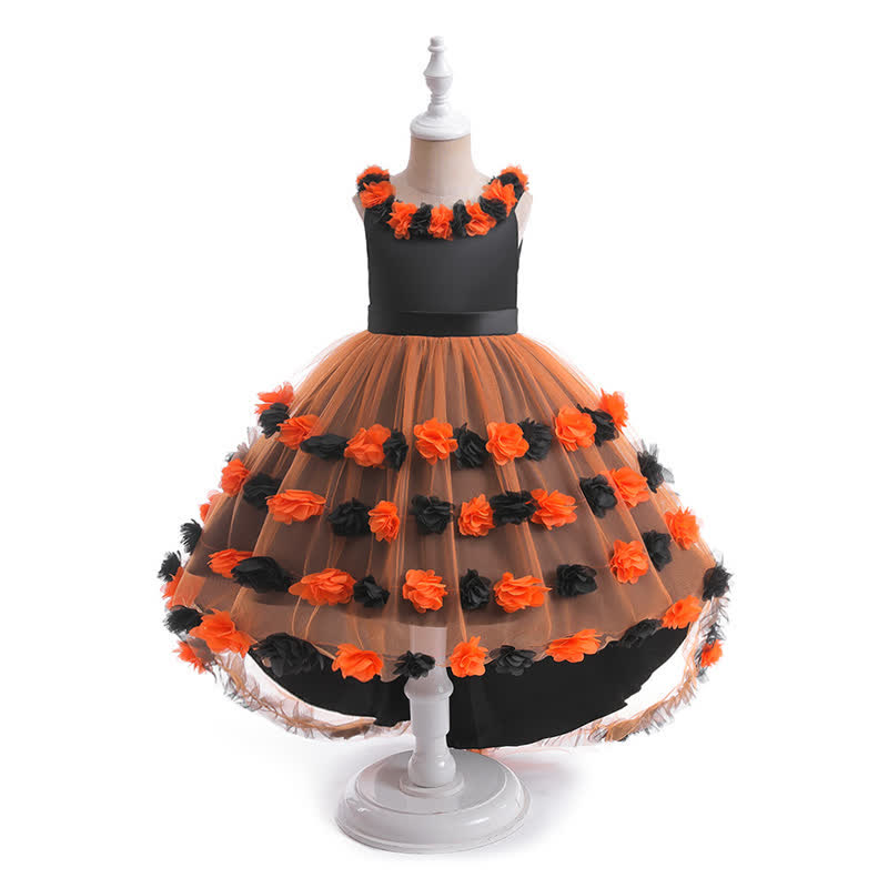 Satin & Mesh Rosette Sleeveless Mid-long Dresses - Black&Orange - 8Y - image 11