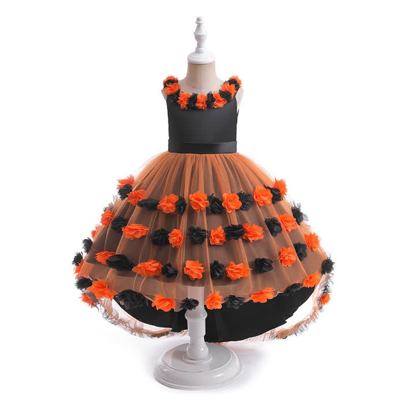 Satin & Mesh Rosette Sleeveless Mid-long Dresses - Black&Orange - 8Y - image 11
