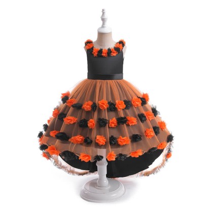 Satin & Mesh Rosette Sleeveless Mid-long Dresses - Black&Orange - 8Y - image 11