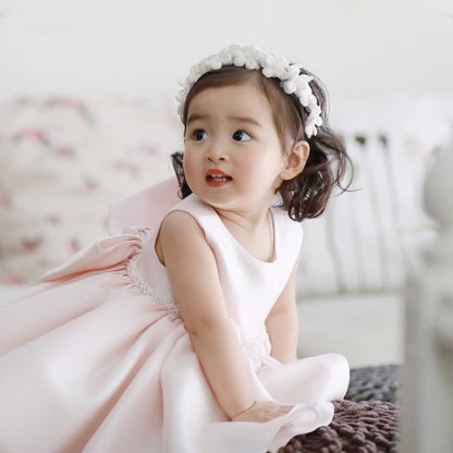 Chemical Fiber Blend Imitation Pearls Bow Half Sleeve Mid-long Dresses - Short Pink - 14-15Y - image 4