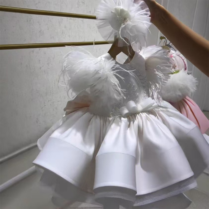 Satin Floral-embroidered Feather-trimmed Bow Short Sleeve Short Dresses - image 3