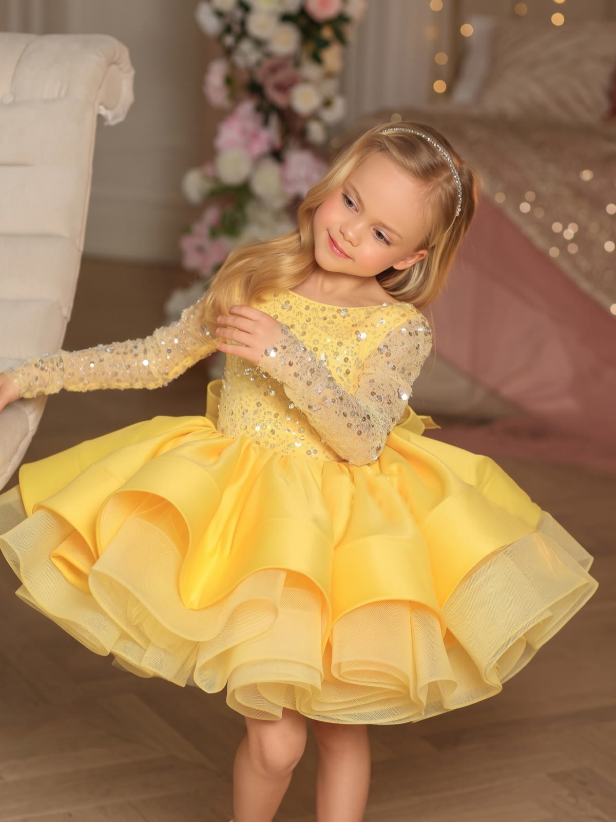 Glitter Bow Long Sleeve Midi Dresses - Yellow - 12-13Y - image 6