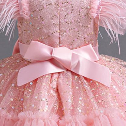 Mesh Feather-trimmed Bow Cap Sleeve Mid-long Dresses - image 11