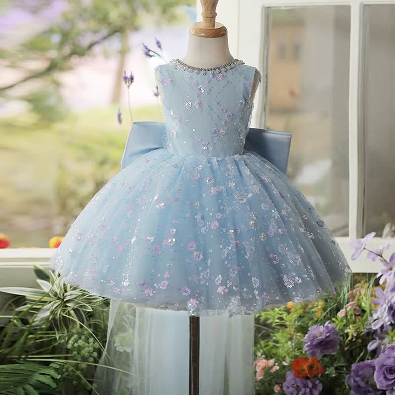 Mesh Glitter Bow Sequins Imitation Pearls Sleeveless Mid-long Dresses - image 8