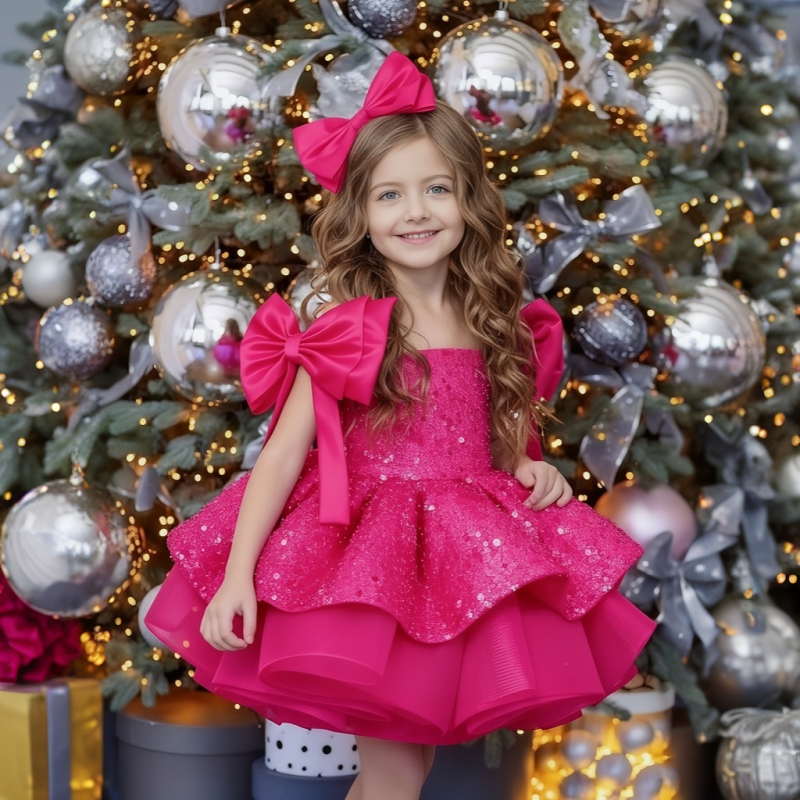 Glitter Bow Sleeveless Midi Dresses - Rose - 12-13Y - image 10