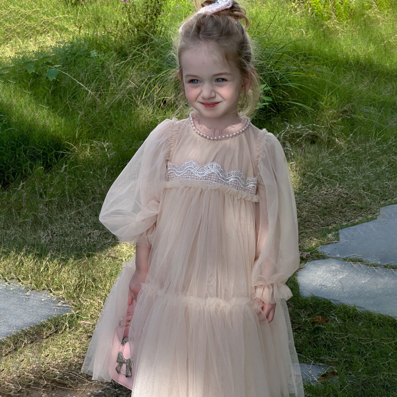 [Archive Sale] Mesh Folds Lace Long Sleeve Mid-long Dresses - image 11