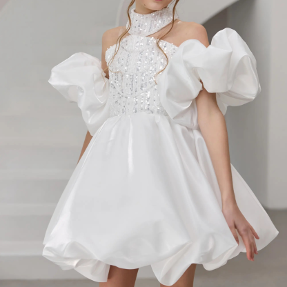 Satin & Glitter Sequins Sleeveless Short Dresses - image 10