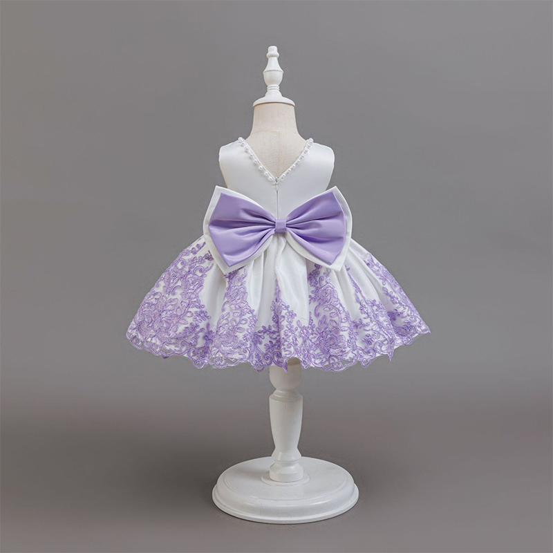 Satin Floral-embroidered Bow Pearl Sleeveless Midi Dresses - image 3