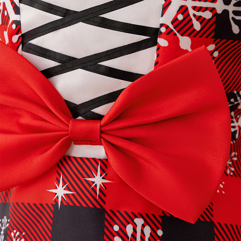 Satin Christmas Printing Bow Short Sleeve Mid-long Dresses - image 12