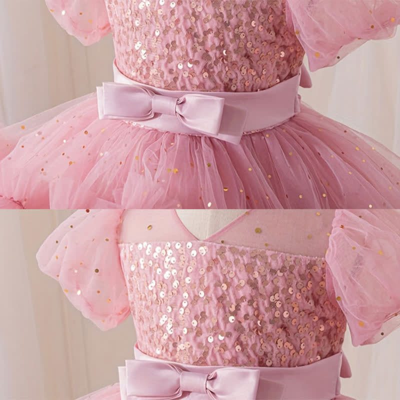 [Archive Sale] Mesh Folds Bow Short Sleeve Mid-long Dresses - image 5