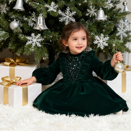 Velvet Sequins Flouncing Half Sleeve Mid-long Dresses - image 23