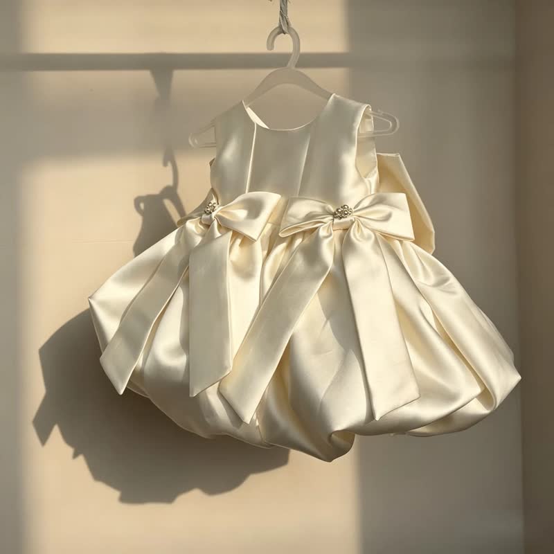 Satin Bow Sleeveless Midi Dresses - Beige - 8-9Y - image 1