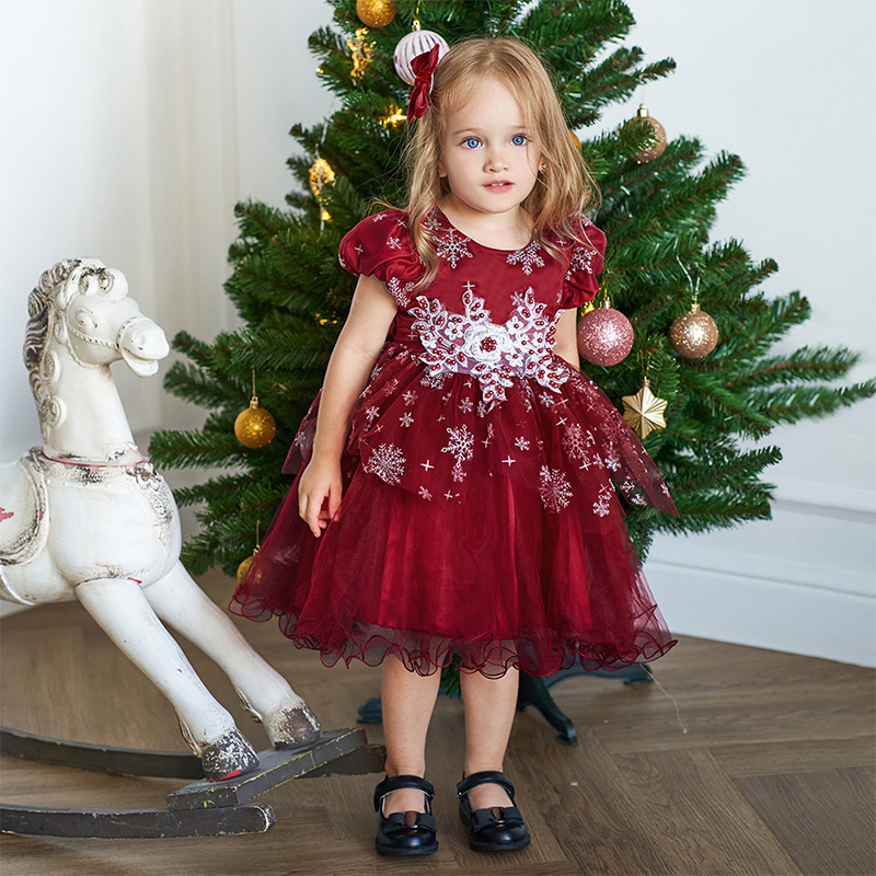 Mesh Christmas Folds Rosette Short Sleeve Mid-long Dresses - image 18