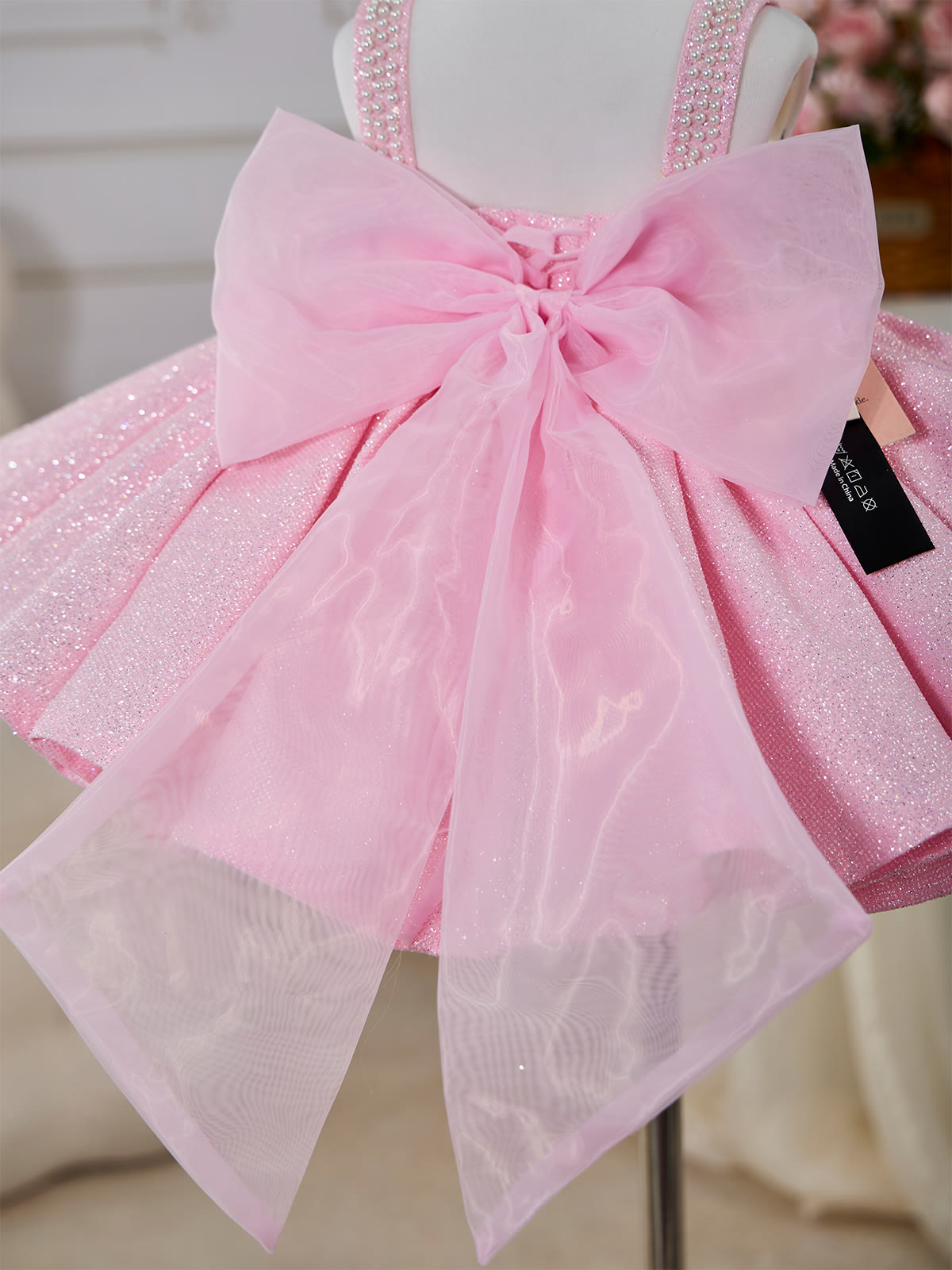 Sparkle Tulle Pearl Bow Sleeveless Short Dresses - image 8